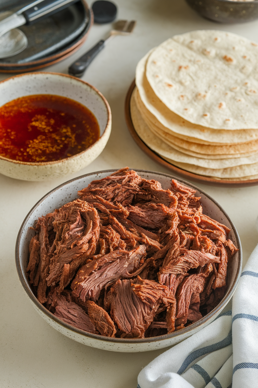 Indoor photo of shredded beef barbacoa in a bowl with jus, tortillas stacked nearby, no text or logos. Photo only.