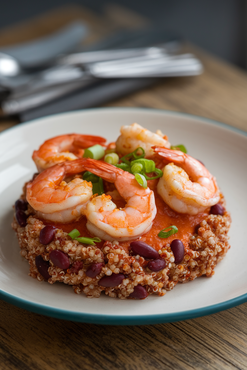 An indoor dinner plate showcasing spicy cooked shrimp over a mound of red bean quinoa, garnished with green onions. No logos or text; photo only.
