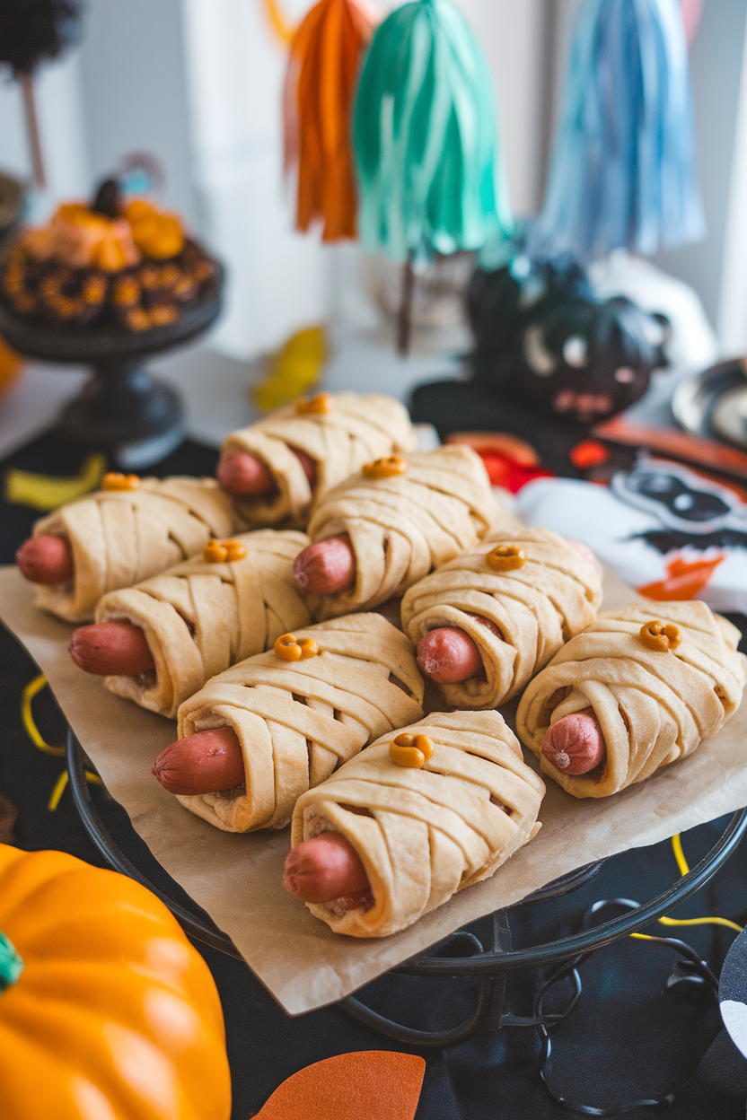 An indoor party table with a platter of crescent-wrapped hot dogs resembling mummies, tiny mustard dots for eyes, set on parchment. No text or logos.