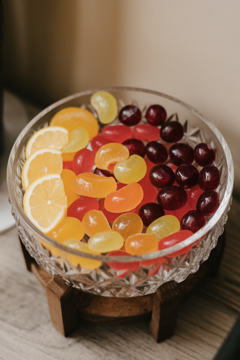 Photo of indoor crystal bowl containing assorted translucent fruit hard candies, no text or logos