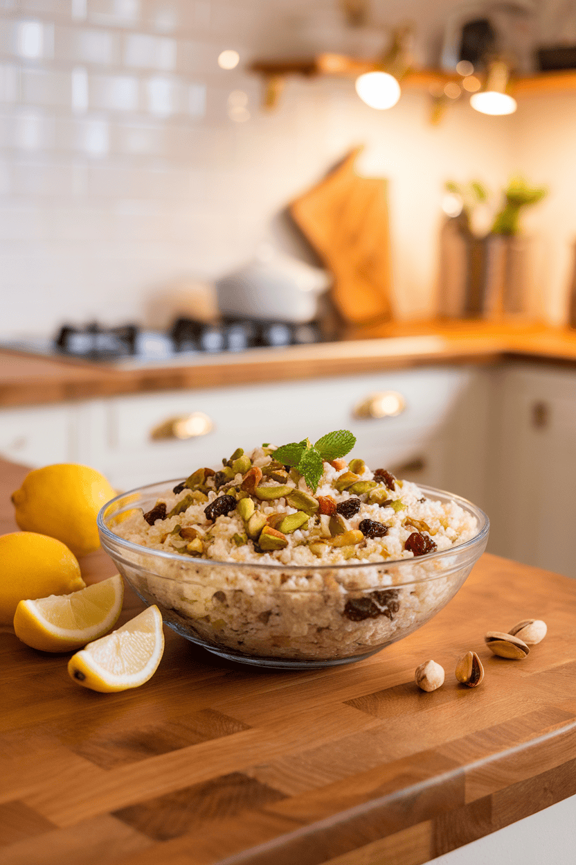 Indoor kitchen island displaying a bowl of bulgur salad with chopped pistachios, raisins, and fresh mint, lemon wedges nearby. No text or logos. Photo, not illustration.