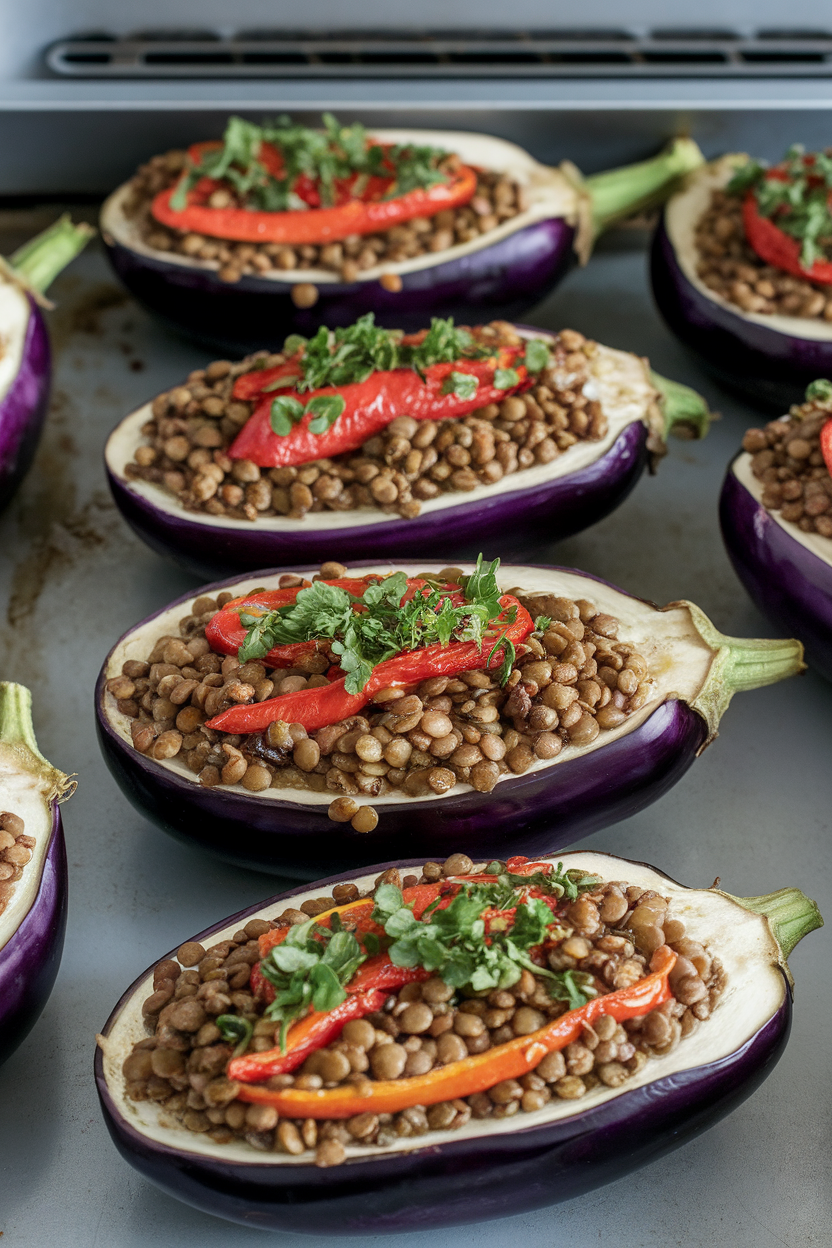 An indoor oven-side photo of halved eggplants filled with lentils, roasted peppers, and herbs, lightly browned on top, no text or logos.