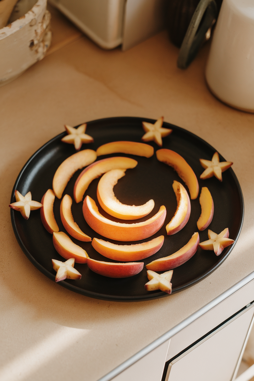 A black ceramic plate indoors with concentric rings of peach slices forming a glowing full moon, starfruit accents around the edge. No text or logos.