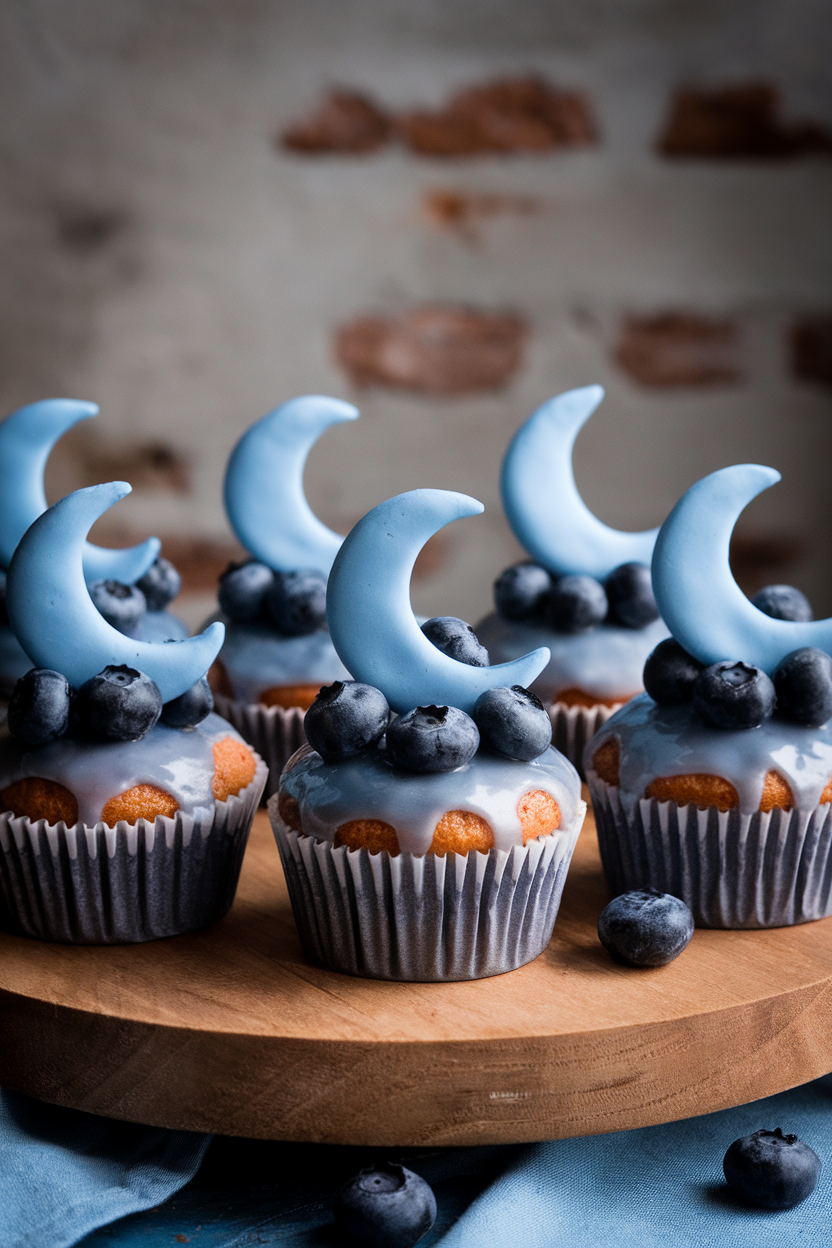 Indoor studio shot of blueberry cupcakes glazed in shimmering silver icing with a fondant crescent moon, no text or logos.
