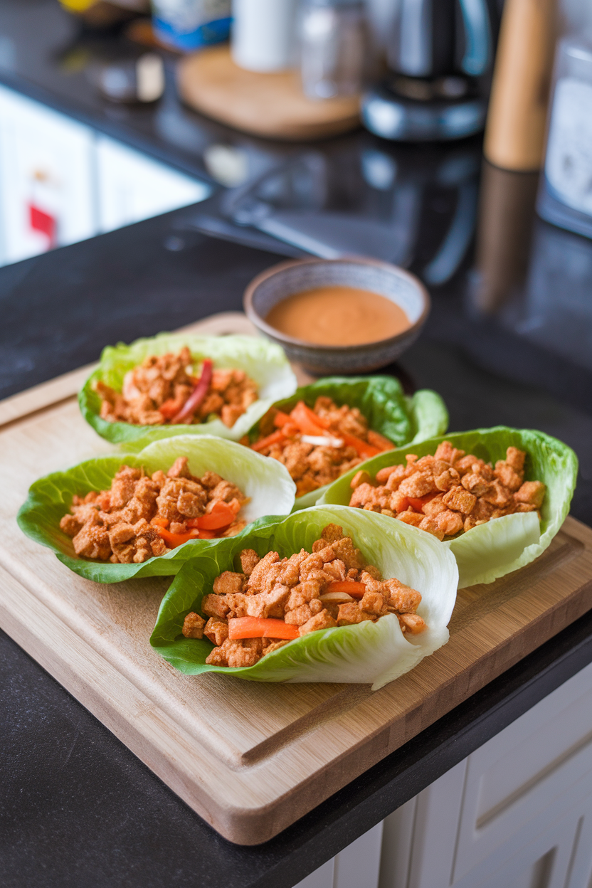A kitchen island displayed with crisp lettuce leaves filled with crumbled tempeh, bell pepper, and carrot, drizzled with peanut sauce. No text or logos; photo only.