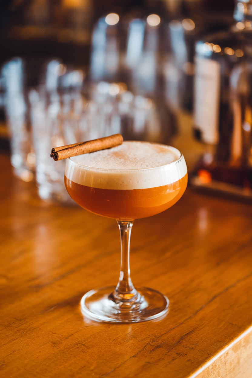 Photo of a coupe glass on an indoor wood bar, showcasing a frothy cinnamon maple whiskey sour with a cinnamon stick resting on the rim. No text or logos.