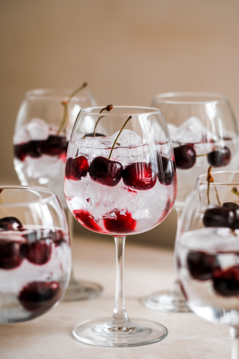 Stemless wine glasses indoors holding crushed ice and floating dark cherries, each with a drip of cherry juice down the side. No text or logos.