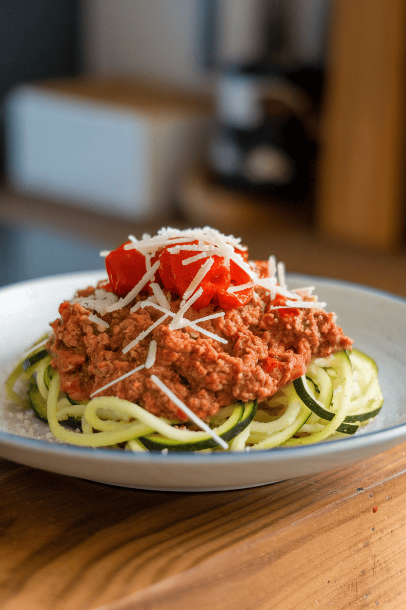 Indoor image of turkey meat sauce over zucchini noodles sprinkled with Parmesan, plus mild pickled cherry peppers; no text or logos.