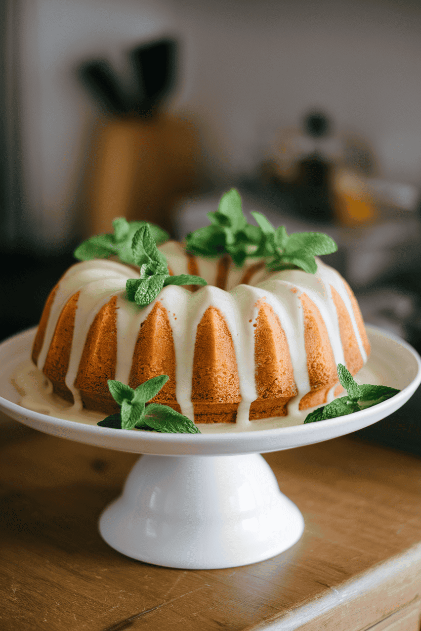 An indoor cake stand with a bundt cake glazed in pale lime icing and garnished with fresh mint leaves. No text or logos. Photo.
