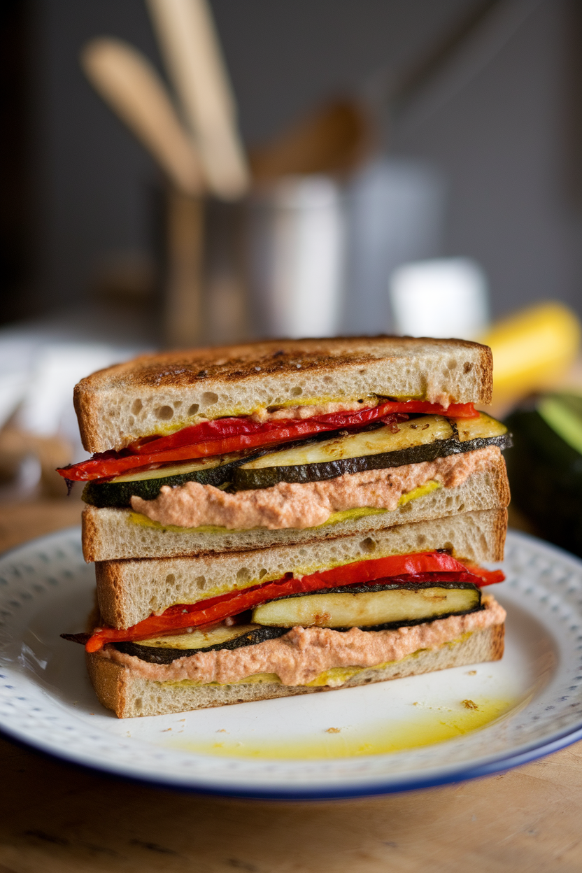Indoor photo of a stacked sourdough sandwich filled with roasted zucchini, red peppers, and a smear of hummus, cut in half to show layers. Soft kitchen lighting, no text or logos.