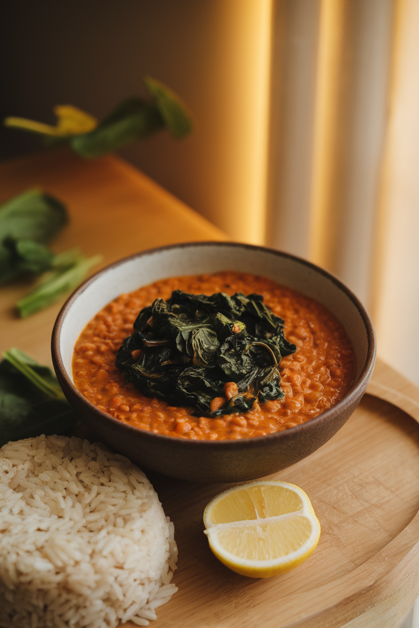 A warmly lit indoor tabletop featuring a bowl of cooked red lentil dal topped with wilted spinach, served alongside a mound of fluffy brown rice and a lemon wedge. No text or logos anywhere in the scene; photo only.