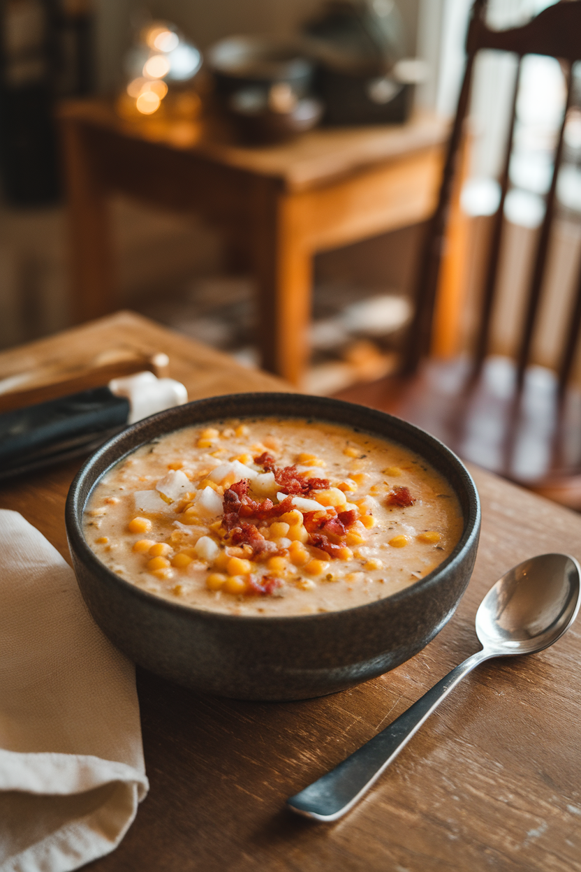 Cozy indoor bowl of thick corn chowder dotted with cod flakes and bacon bits, a soup spoon to the side. No text or logos.