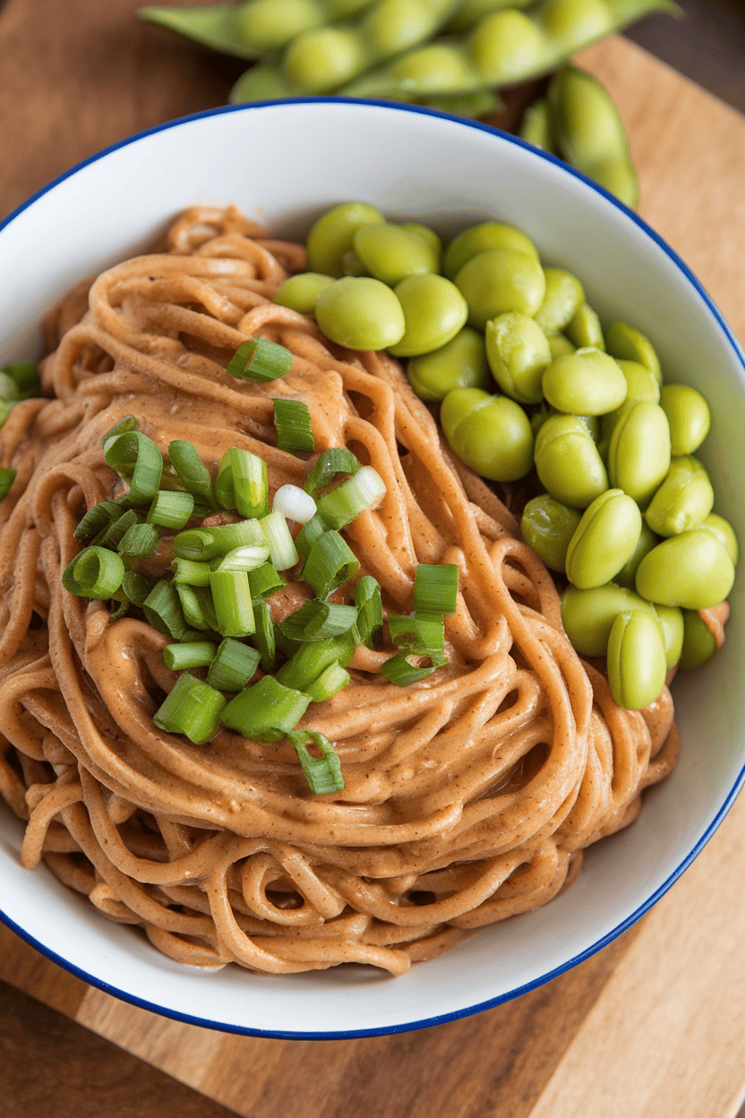 Indoor image of cold whole-wheat noodles lightly dressed in peanut sauce, sprinkled with scallions, plus a side of shelled edamame; no text or logos.