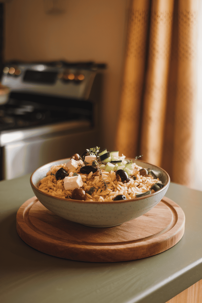 Photo of a bowl of orzo mixed with cucumber, olives, feta, and herbs, placed on an indoor kitchen island. No text or logos visible.