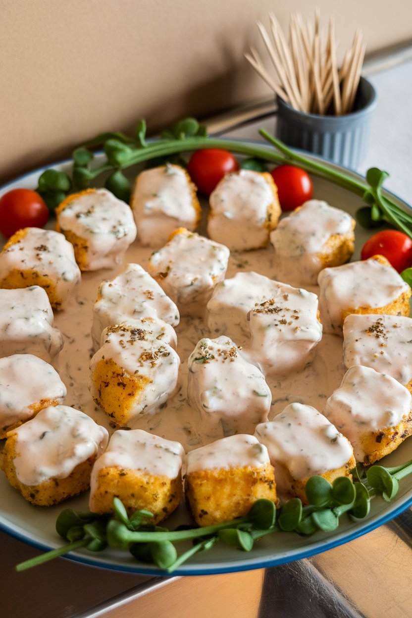 Indoor platter of bite-sized cod nuggets coated in lemon pepper cream sauce, toothpicks for serving. No text or logos.