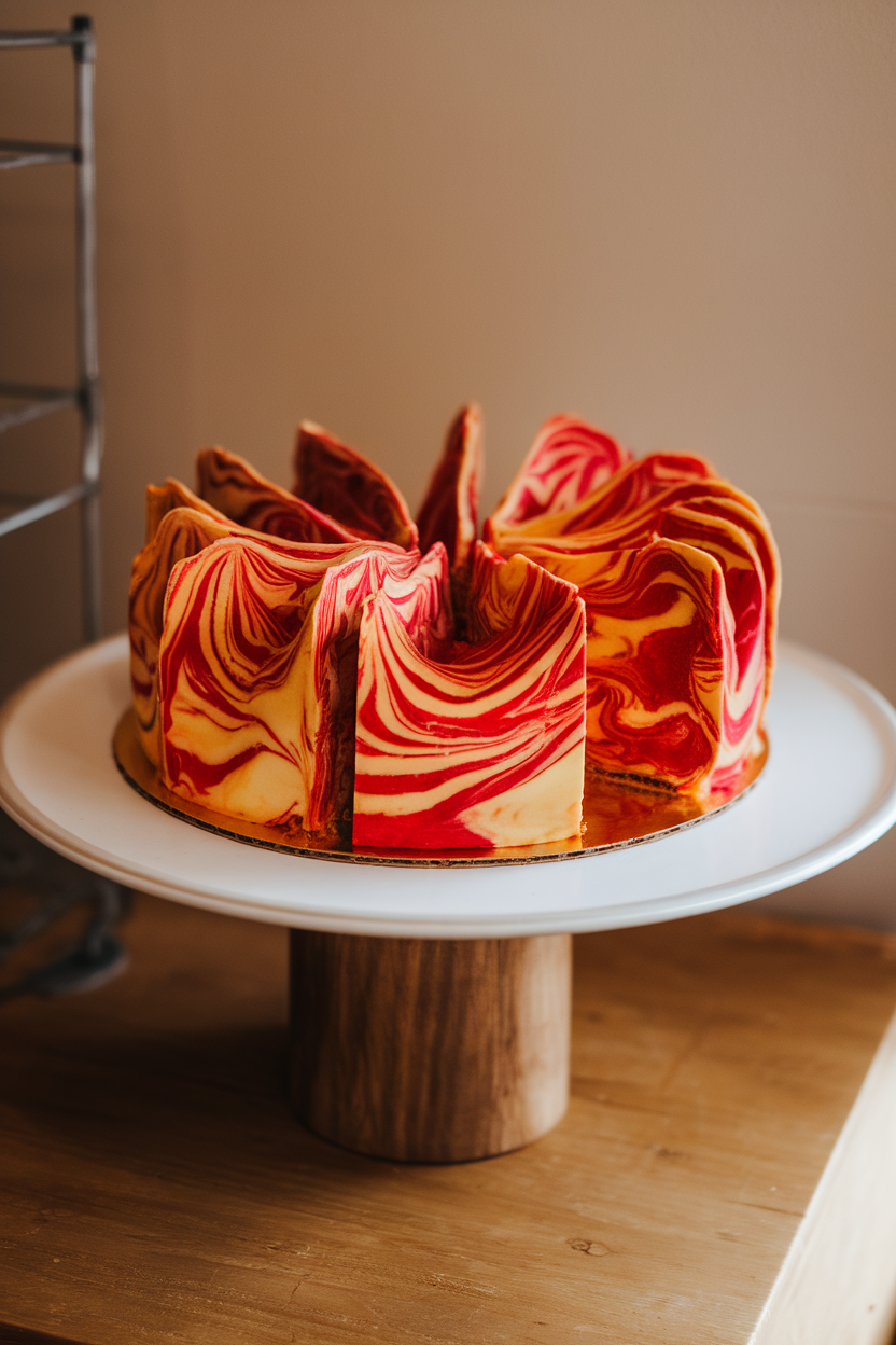 An indoor dessert plate showing a sliced marble cake with vivid red and gold swirls, colors reflecting the Marine Corps, topped with a minimal vanilla glaze. Photo only, no text or logos.