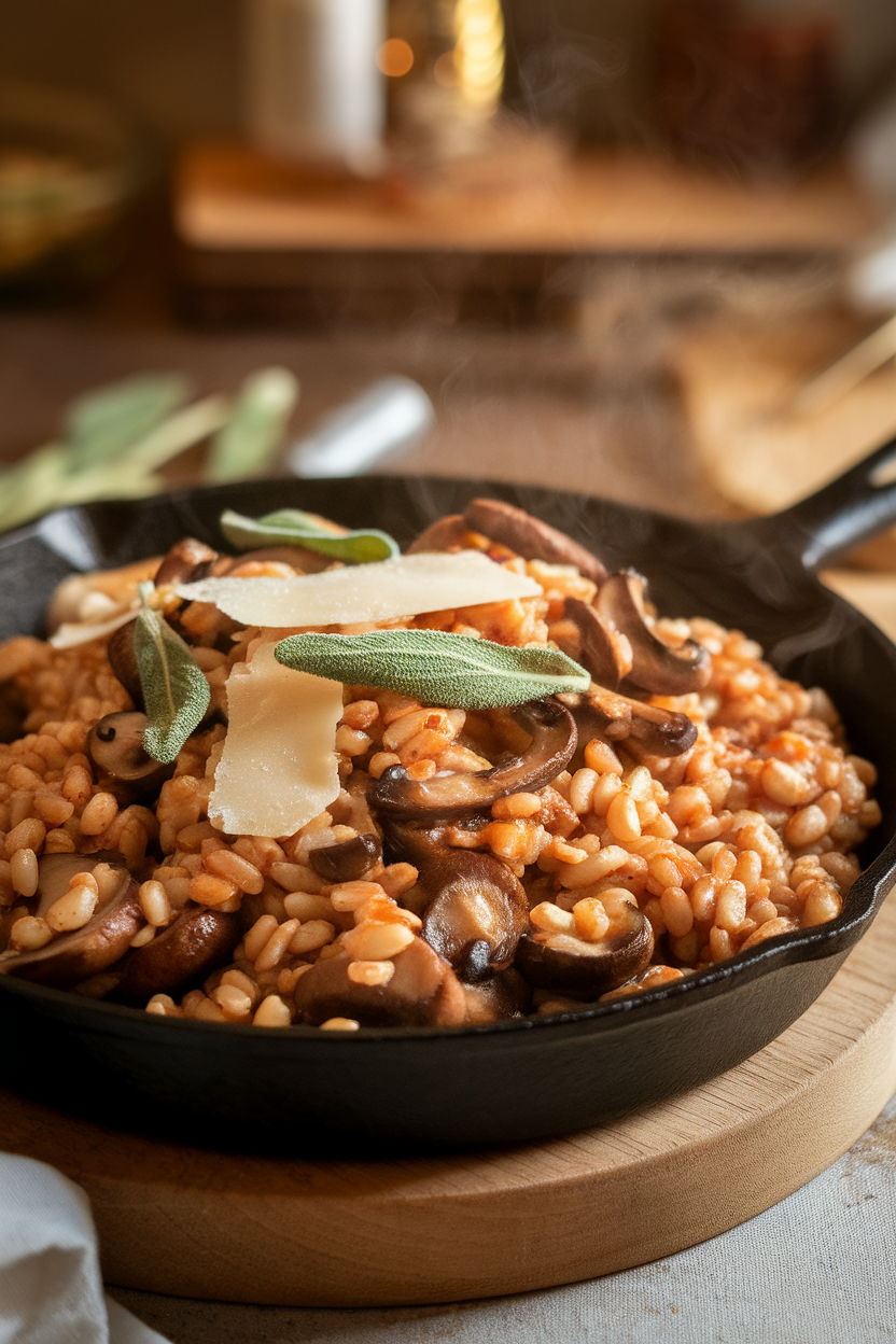 Indoor photo of steaming farro mixed with sautéed mushrooms, fresh sage ribbons, and shaved Parmesan in a cast-iron skillet; gentle overhead lighting, no text or logos.