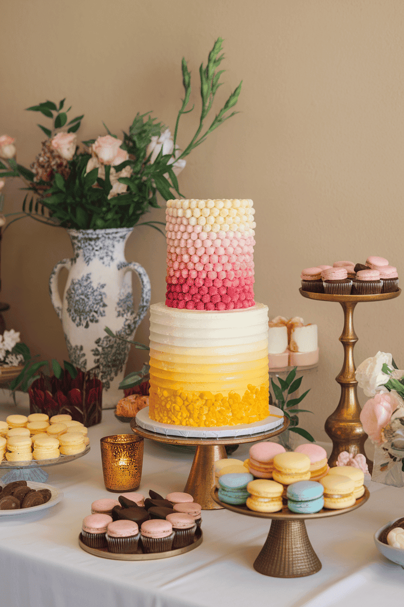 An indoor stylish dessert table with a tall cake showing gradient layers from yellow mango at the bottom to pink raspberry at the top, frosted in white. No text or logos. Photo only.