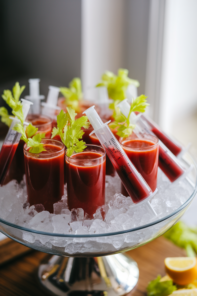 Indoor party platter filled with plastic food-grade syringes containing deep red Bloody Mary mix, displayed over crushed ice with tiny celery leaves. No brand names or text. Photo, not illustration.