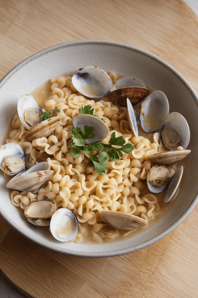 Indoor photo of a shallow bowl featuring cooked fregola pasta dotted with opened clams in a light broth, parsley sprinkled on top. No text or logos.