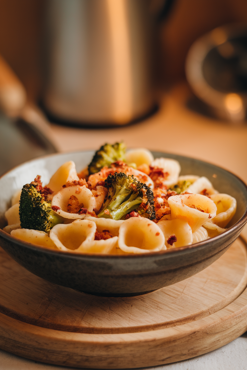 Indoor photo of orecchiette pasta with roasted broccoli florets, anchovy crumbs, and chili flakes. No logos or text.