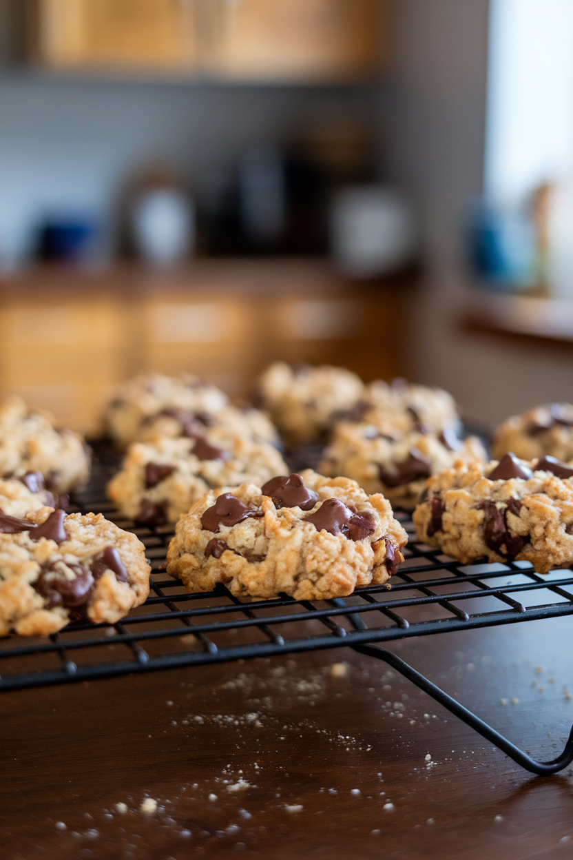 Indoor cooling rack piled with chunky oatmeal chocolate chip cookies, chocolate still glossy from the oven’s heat. No text or logos.