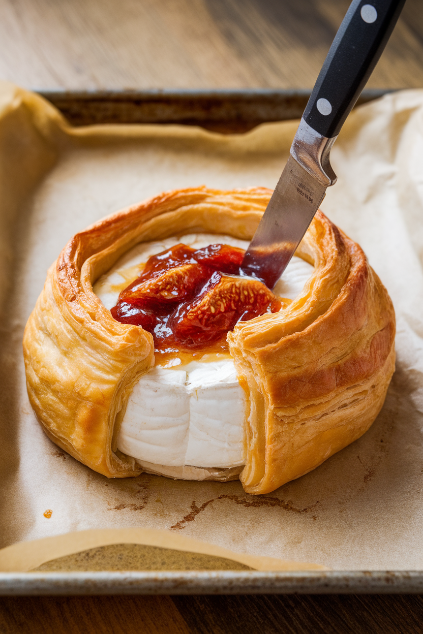 A parchment-lined indoor baking tray holding a whole brie wrapped in golden puff pastry, a knife revealing melted cheese and fig jam inside. No text or logos. Photo only.