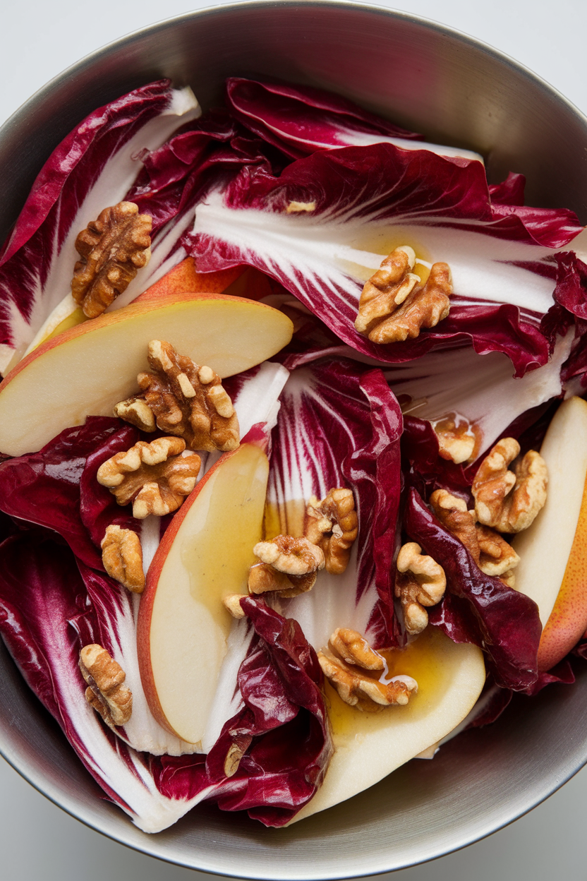 Indoor photo of radicchio wedges combined with pear slices, walnuts, and a glistening honey vinaigrette in a serving bowl; no text or logos.