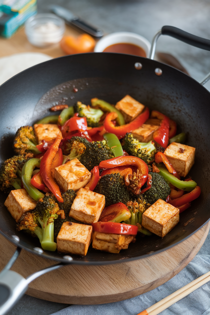 An indoor wok shot featuring crispy tofu cubes, bell peppers, and broccoli tossed in a glossy sweet chili sauce. No text or logos visible; photo only.