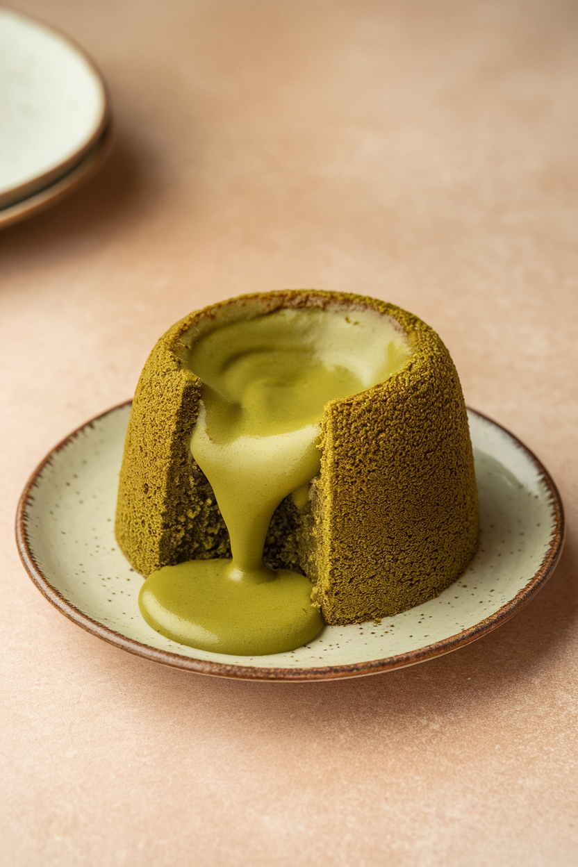 Indoor photo of an individual matcha lava cake split open with green filling oozing, placed on a small dessert plate. No text or logos.