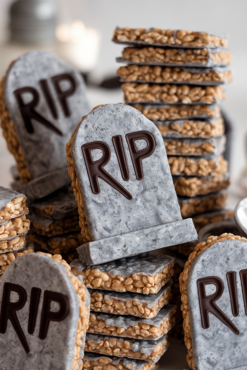 Gray-tinted rice cereal bars shaped like tombstones with dark chocolate “RIP,” stacked indoors. Photo, no text or logos.