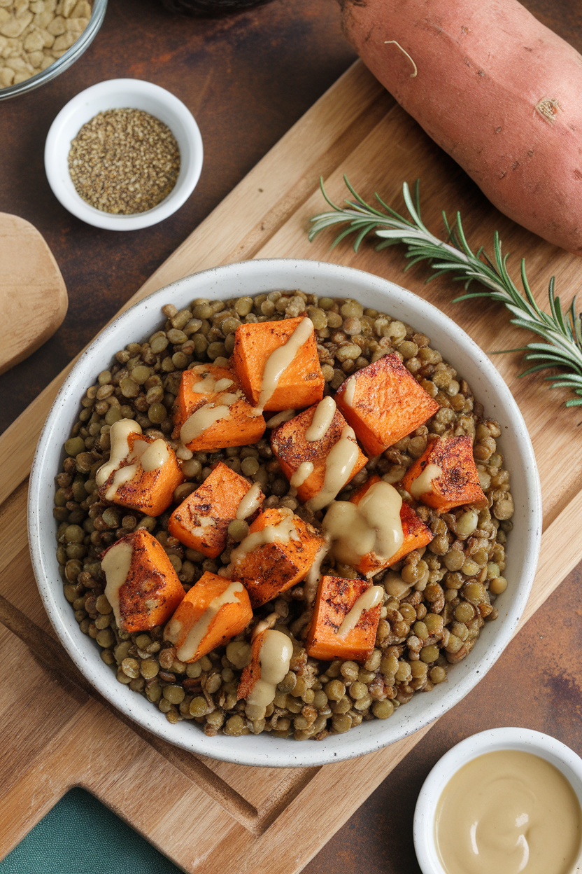 Overhead indoor shot of roasted za’atar-spiced sweet potato cubes on green lentils with tahini drizzle. No text or logos.