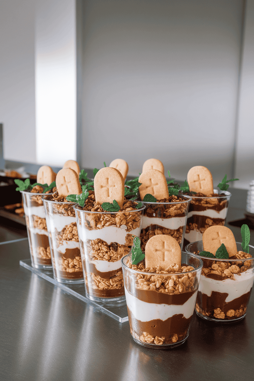 Indoor breakfast bar with clear cups layered with chocolate yogurt, granola “dirt,” and cookie tombstones, tiny mint sprigs for grass. Photo; no text or logos.