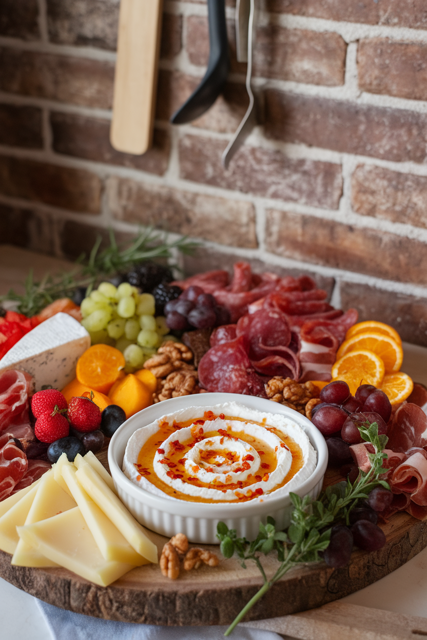 An indoor charcuterie board with a shallow dish of whipped ricotta drizzled in warm golden honey flecked with chili flakes. Photo, no text or logos.