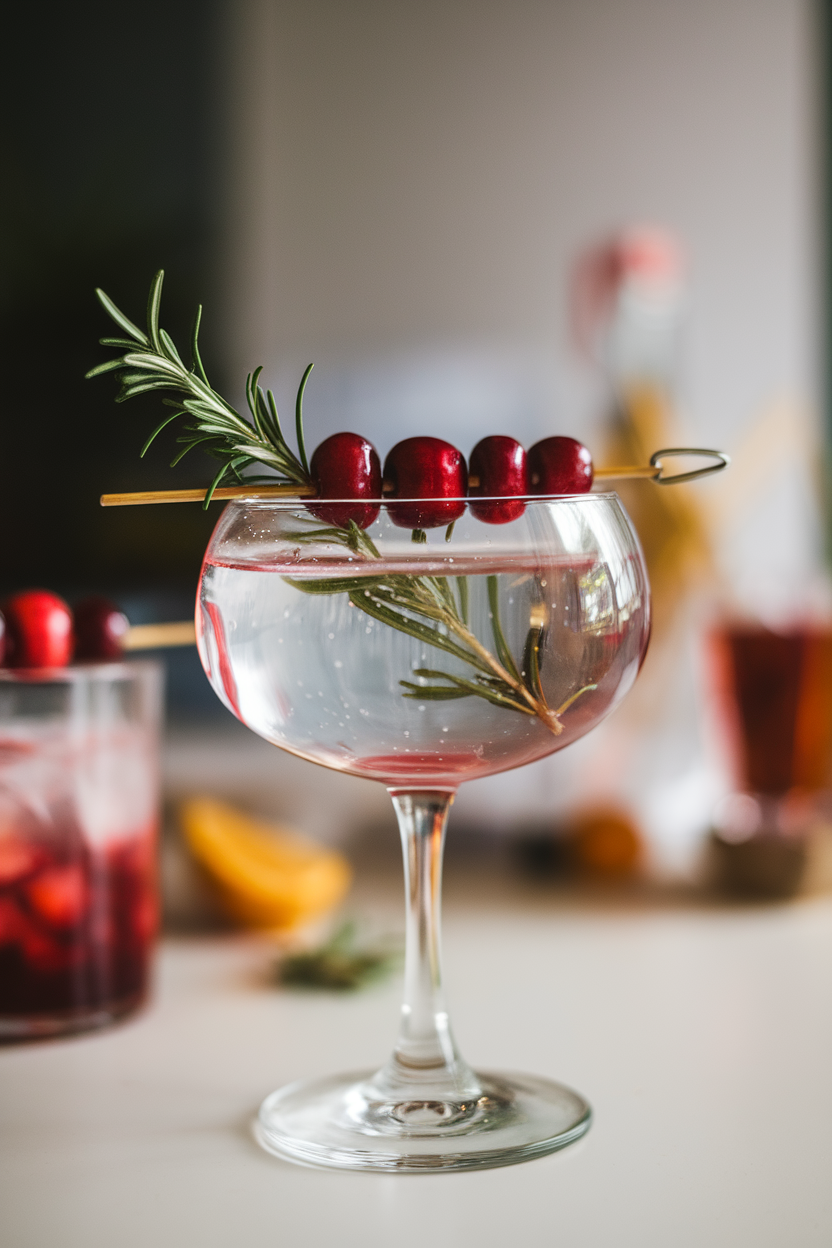 Photo of a coupe indoors, clear sparkling cranberry rosemary mocktail, rosemary sprig submerged, cranberry skewer resting on rim. No text or logos.