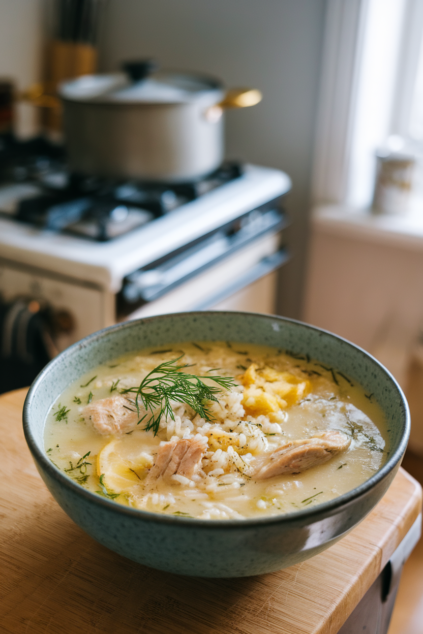 An indoor kitchen photo of a bowl of avgolemono soup with pieces of chicken, rice, and a pale lemony broth, garnished with dill, no text or logos.
