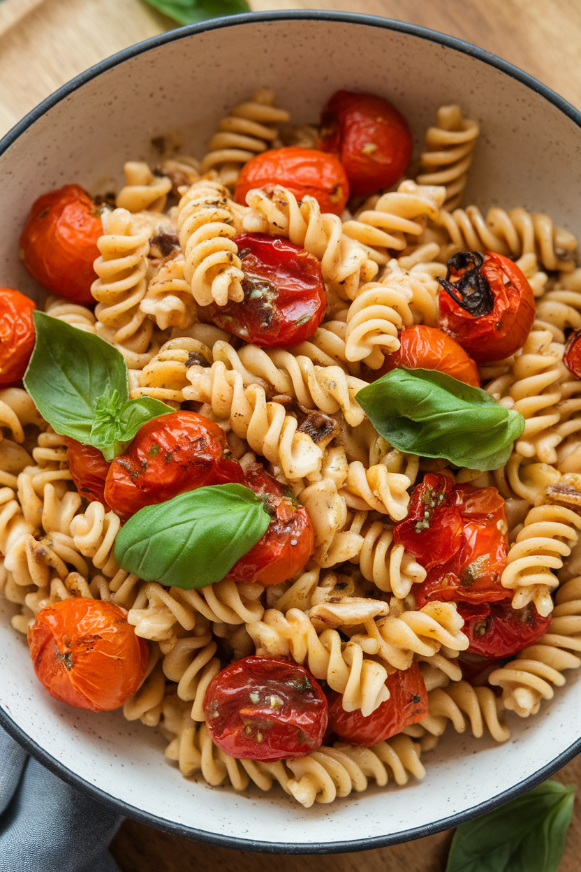 An indoor photo of chickpea fusilli tossed with roasted cherry tomatoes, garlic, and basil in a shallow bowl, no text or logos.