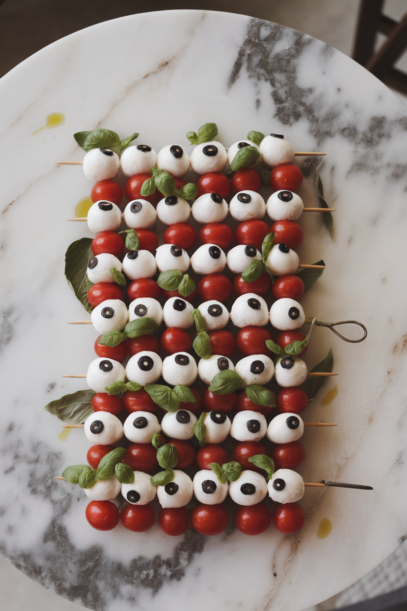 A marble tabletop indoors with mini mozzarella balls dotted with black olive “eyes,” skewered with cherry tomatoes and basil leaves. No text or logos.