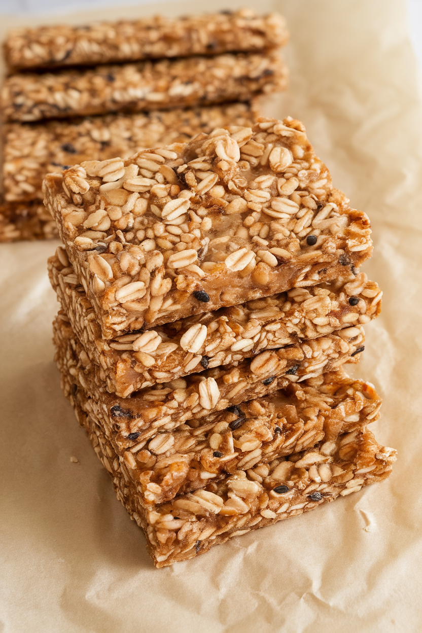 Photo of rectangular granola bars with visible oats and sesame seeds, stacked indoors on parchment paper. No text or logos visible.