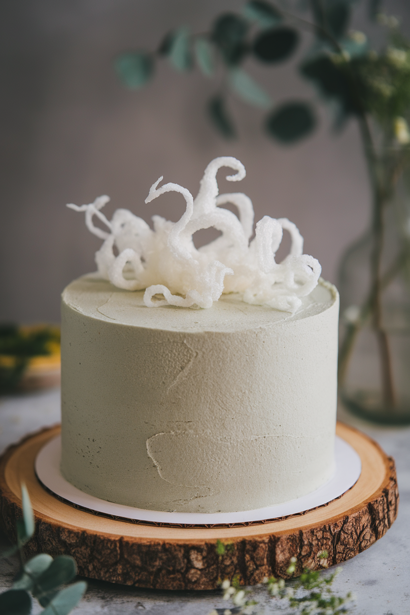 Indoor photo of a pale grey Earl Grey layer cake with wisps of white spun sugar resembling fog on top. No text or logos.