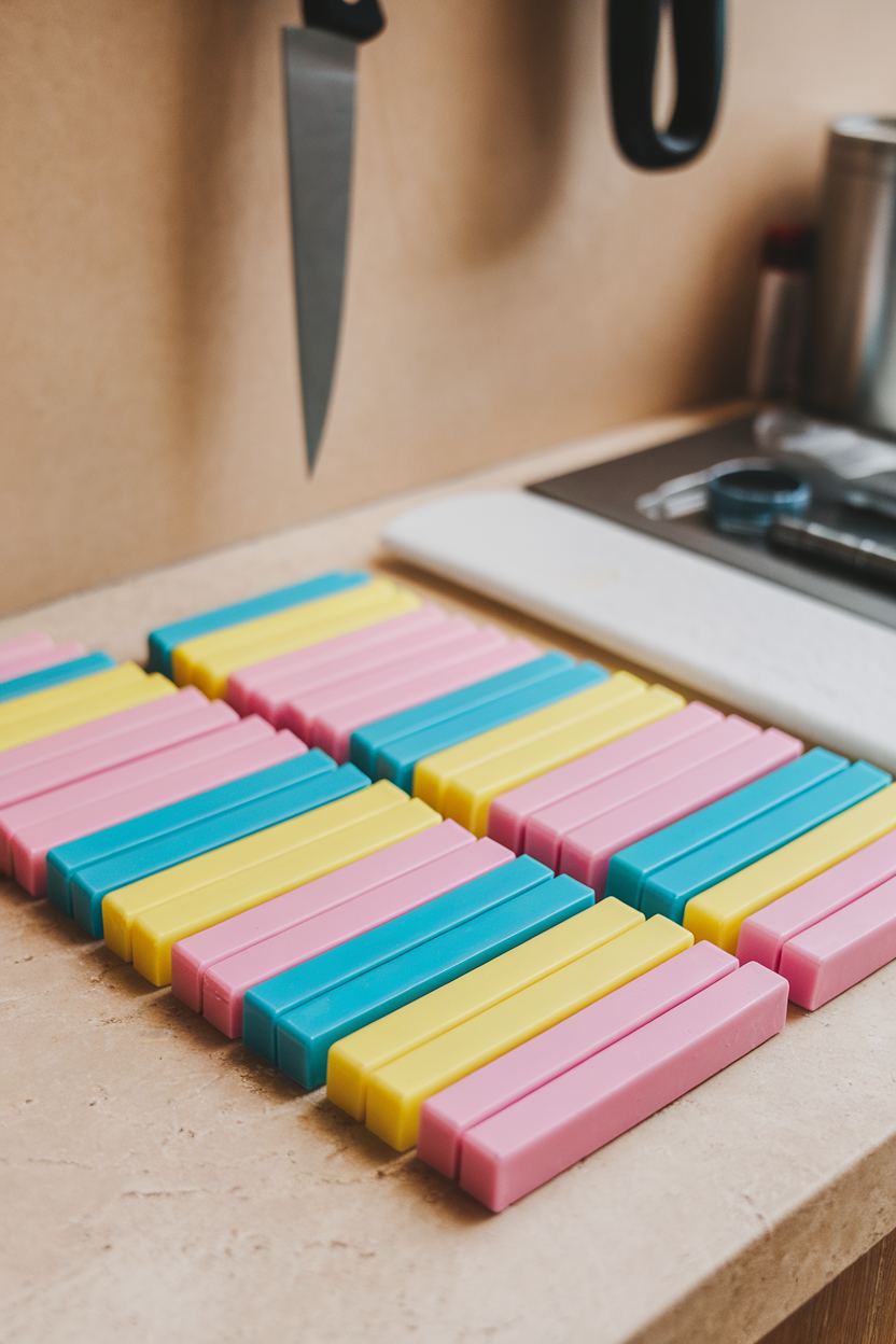 Photo of indoor countertop with colorful rectangular taffy pieces partially unwrapped, no text