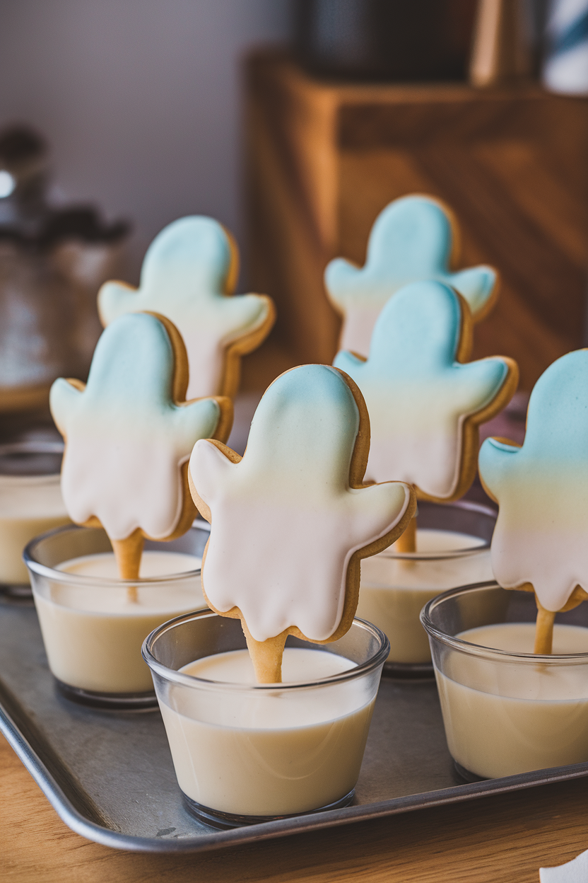 Ghost-shaped sugar cookies standing upright in small cups of vanilla icing “milk,” indoors. Photo, no text or logos.