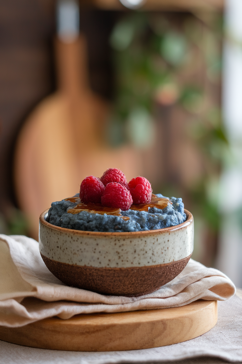 An indoor ceramic bowl of blue cornmeal mush topped with fresh raspberries and maple drizzle. Photo only, no text or logos.