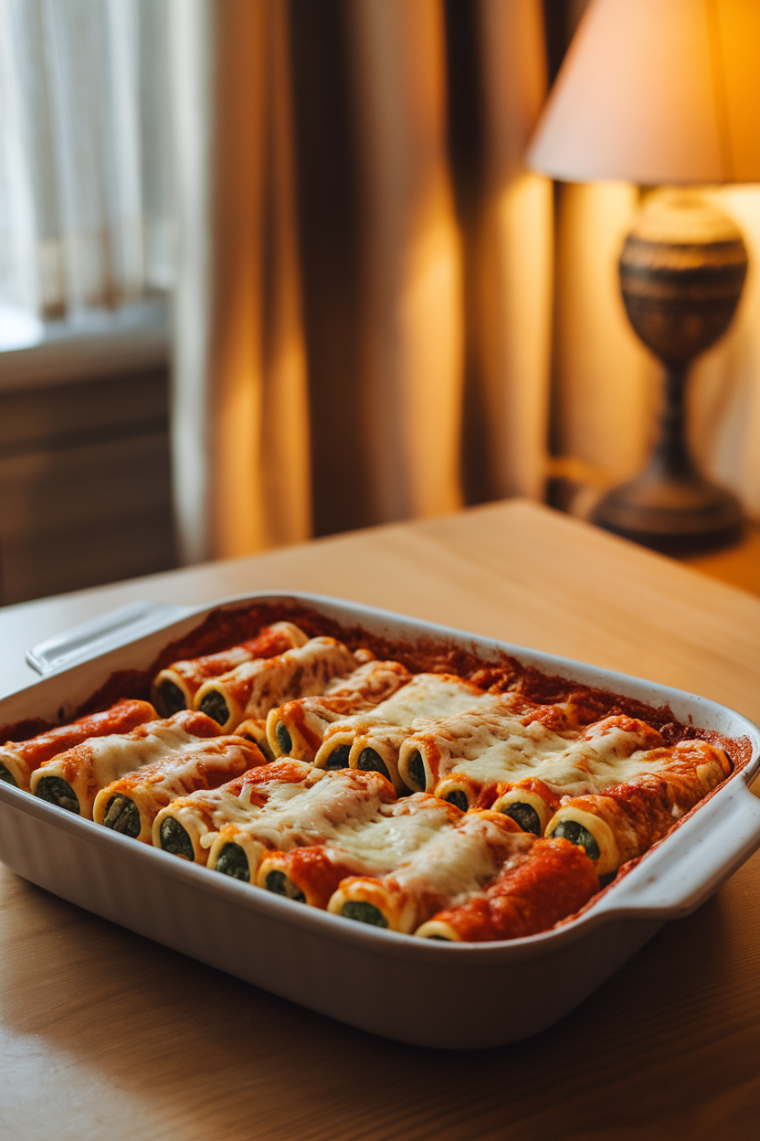 Photo of an indoor baking dish showing tubes of pasta stuffed with green filling, covered in tomato sauce and melted cheese; no text or logos.