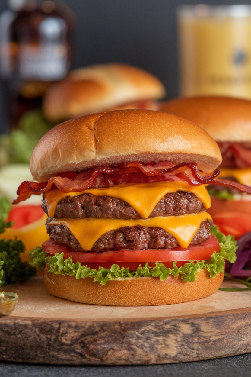 Indoor photo of a towering double bacon cheeseburger with melted cheddar, lettuce, and tomato on a toasted brioche bun, no text or logos. Photograph, not illustration.