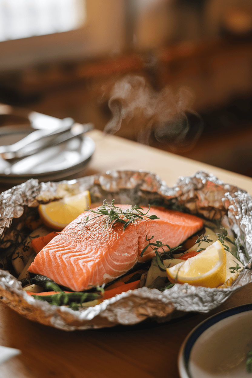 A warmly lit indoor table showing a cooked salmon fillet nestled in foil with lemon slices and fresh herbs, steam gently rising; no text or logos visible; photograph, not illustration.