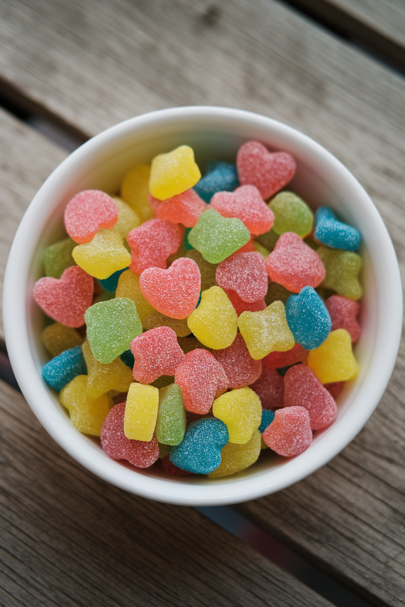 Photo of indoor white bowl filled with small sour-sugar-coated gummy figures, no text or logos