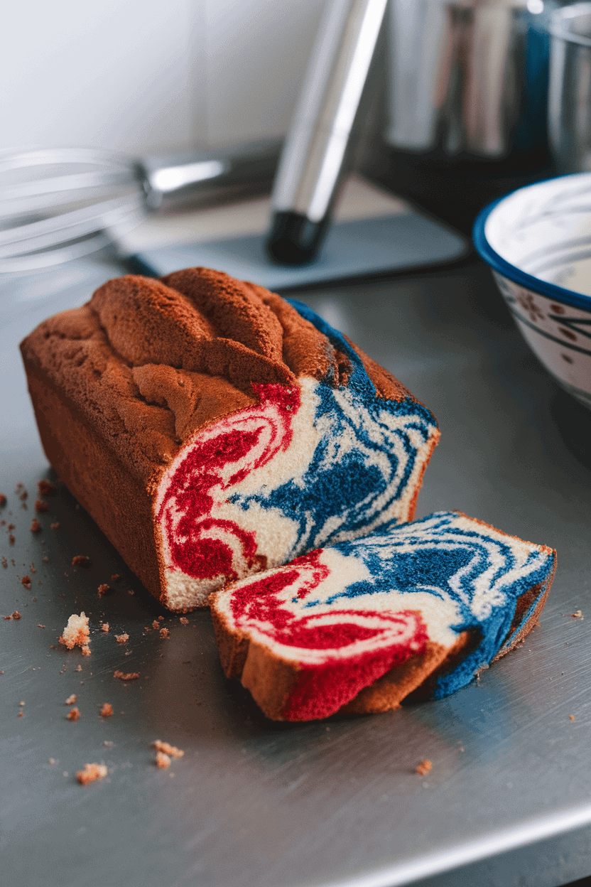 An indoor kitchen counter with a loaf cake sliced to reveal red, white, and blue marbled swirls inside. No text or logos present. Photo only.