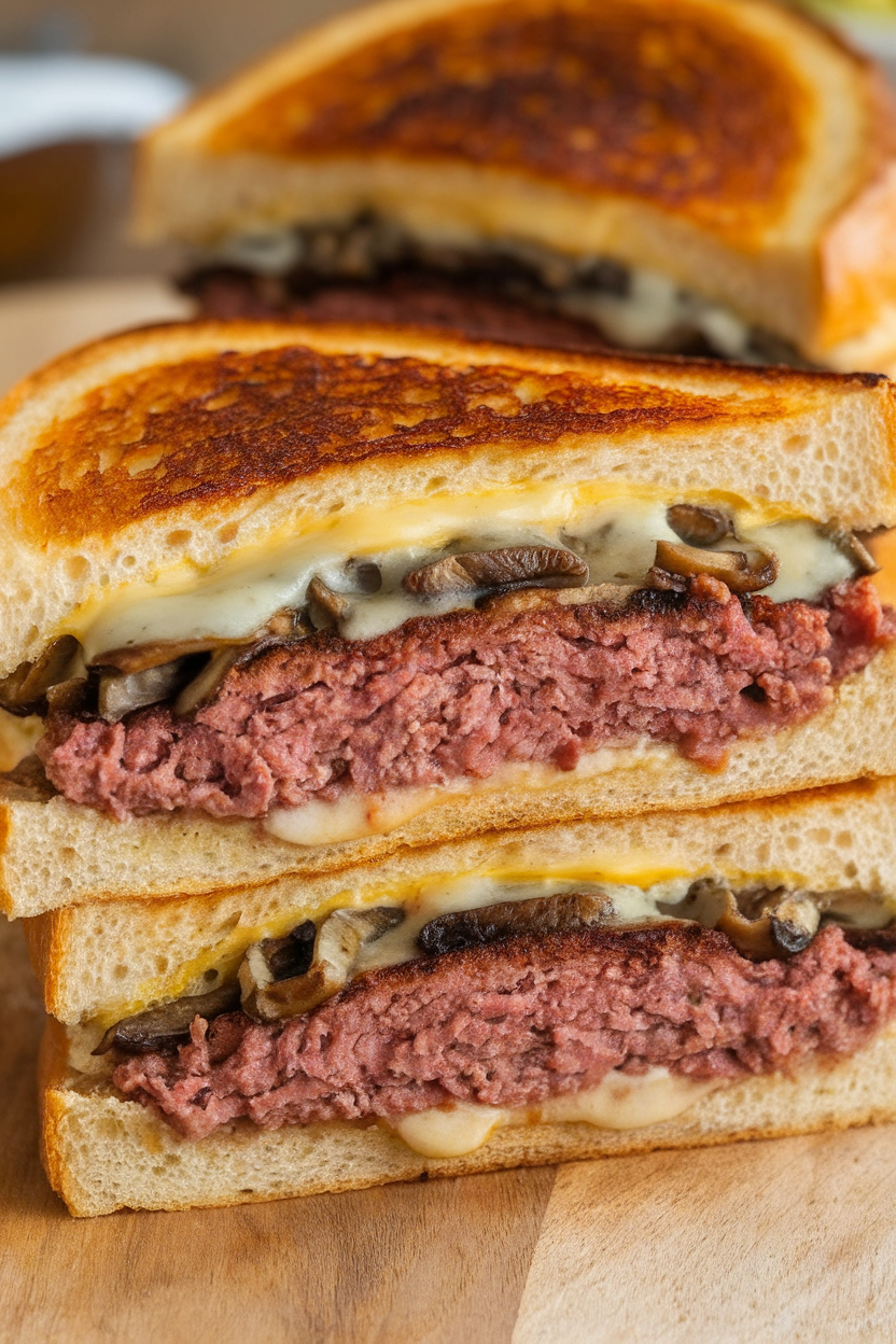 Indoor photo of patty melt sandwich cut in half, cheese oozing, caramelized mushrooms visible, no text or logos. Photograph, not illustration.