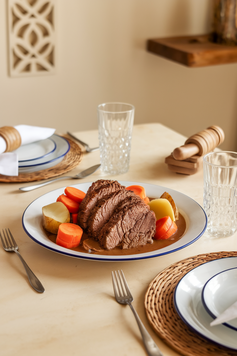 Softly lit indoor dining table showcasing thick slices of pot roast surrounded by carrots and potatoes in a rich brown gravy, no text or logos. Photo.